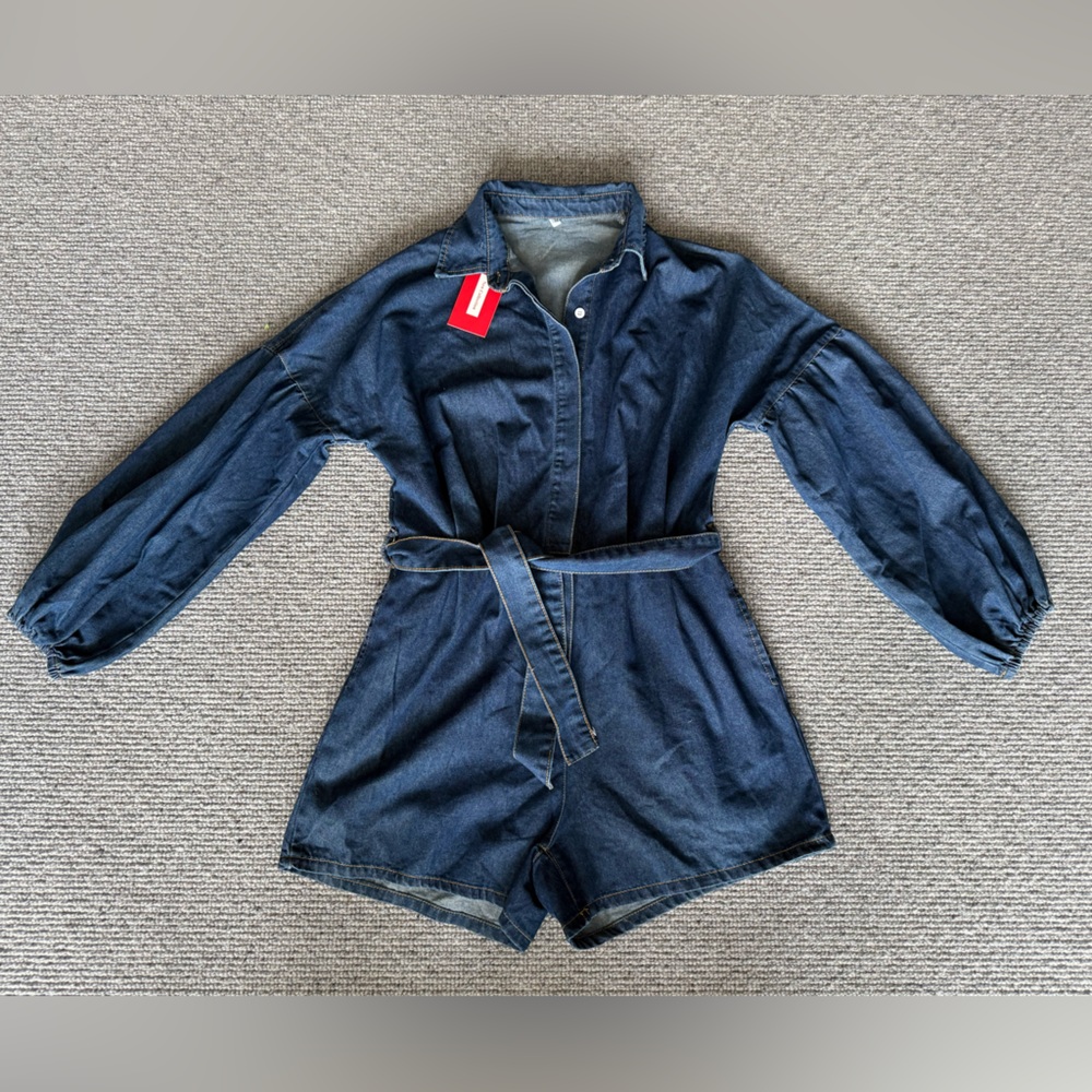 NEW NWT New Collection Jumpsuit Romper Long Sleeve Denim Blue Tie Waist